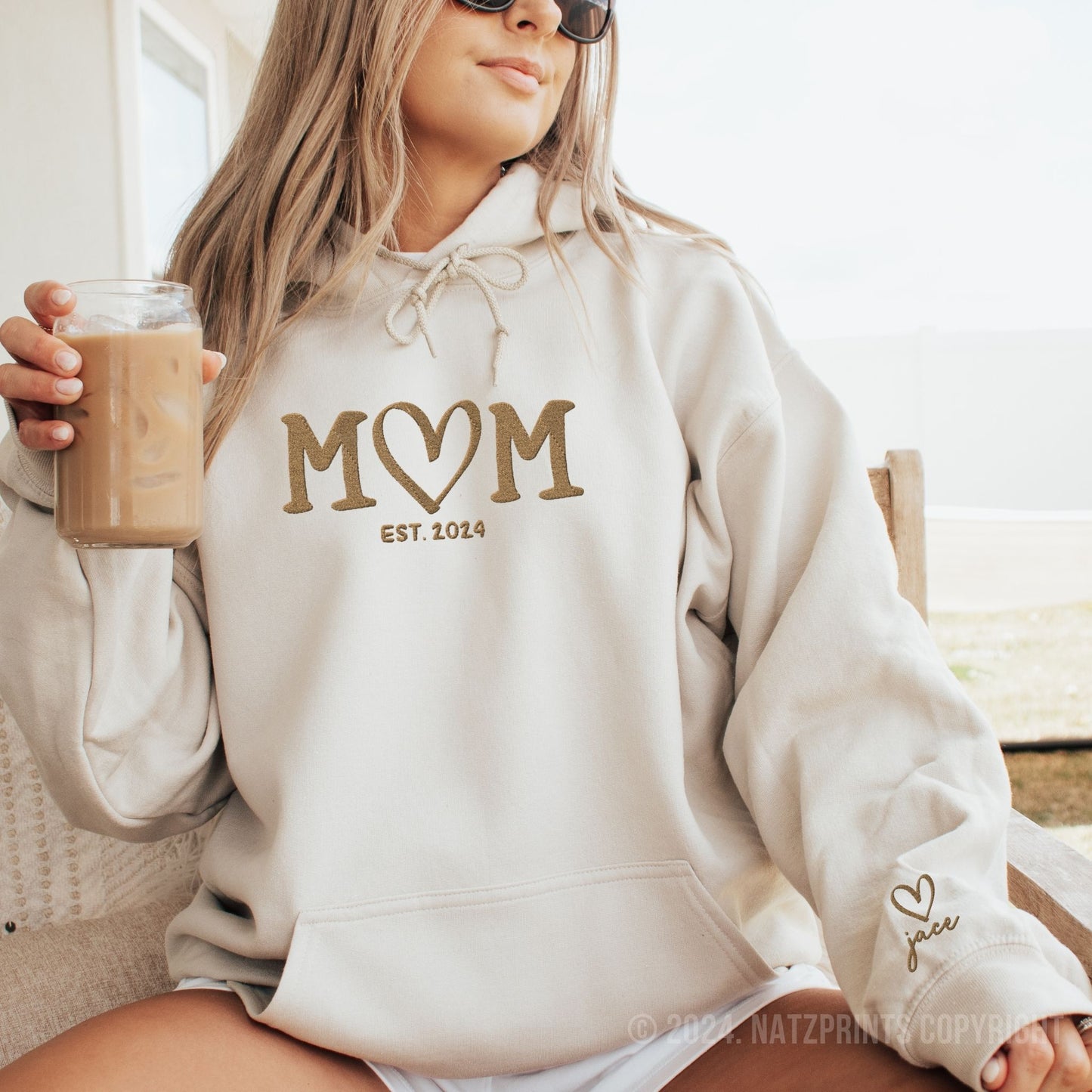 Embroidered Mom Hoodie with Est Yr and Kids' Names on Sleeve