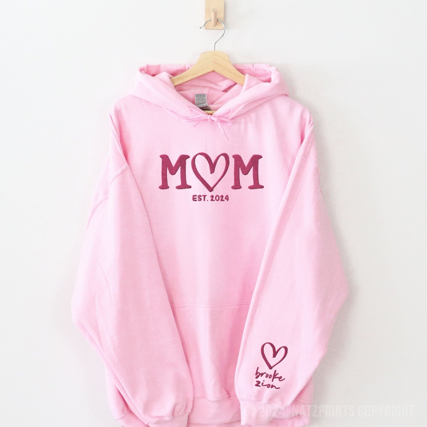 Embroidered Mom Hoodie with Est Yr and Kids' Names on Sleeve