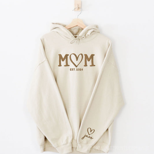 Embroidered Mom Hoodie with Est Yr and Kids' Names on Sleeve