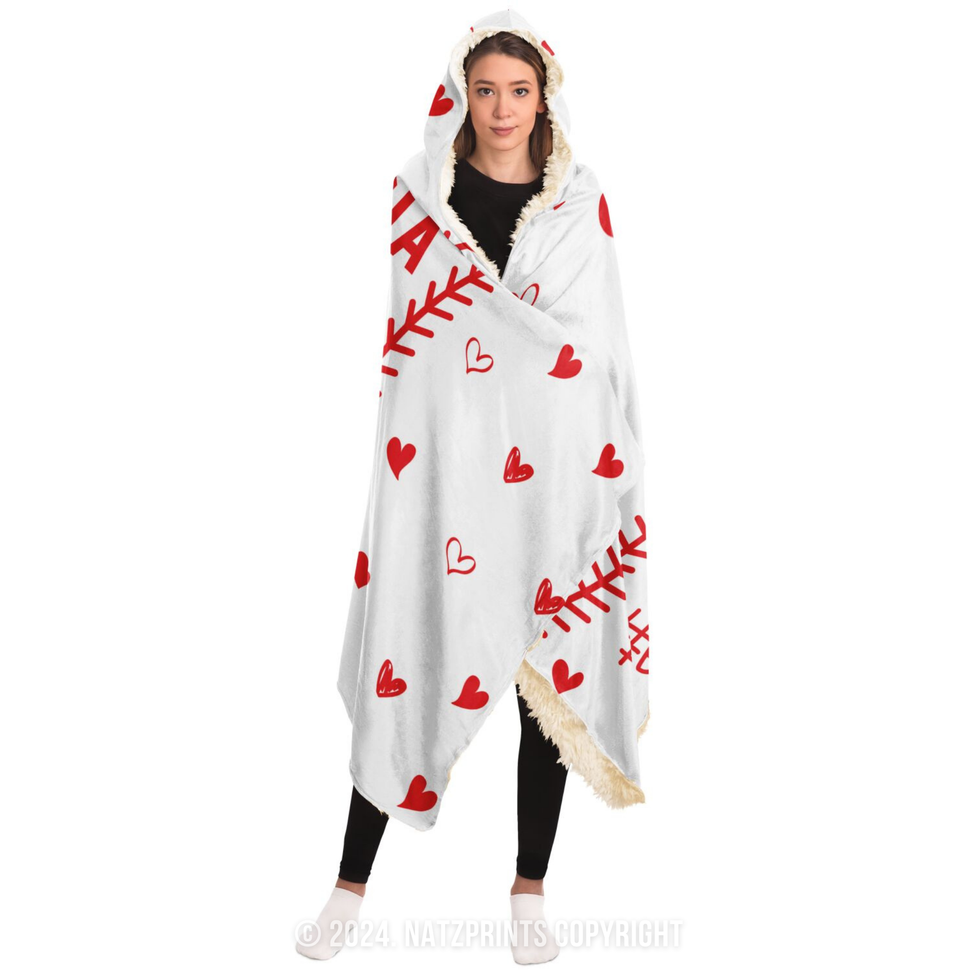 custom baseball mom with hearts hooded blanket woman standing with a smile