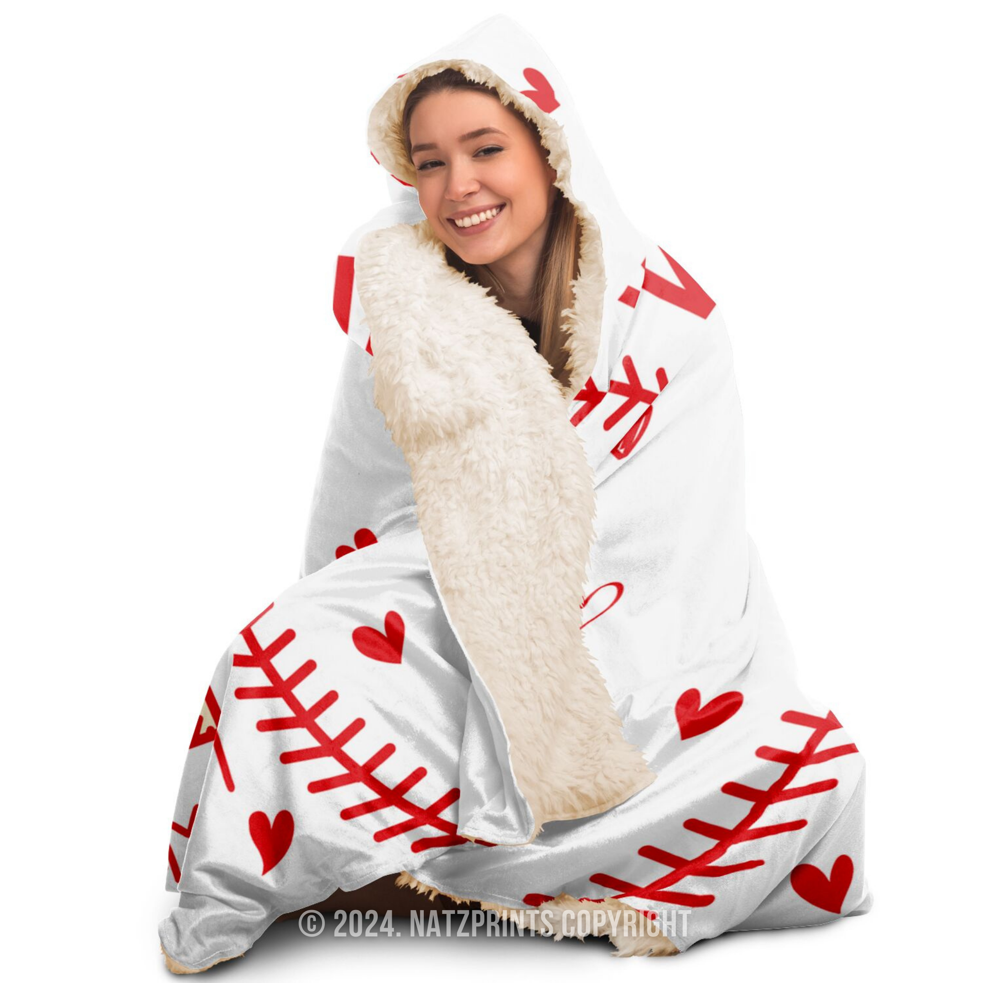 custom baseball mom with hearts hooded blanket woman sitting and smiling