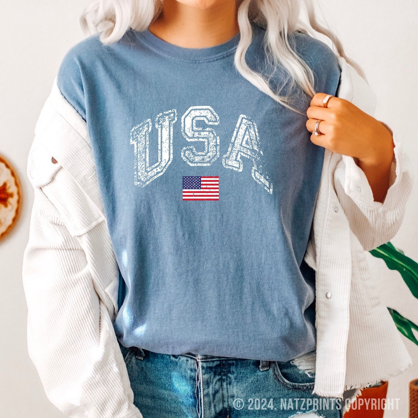 distressed american USA shirt blue jean