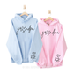 Personalized grandma and grandpa hoodie with kids names in light blue and light pink