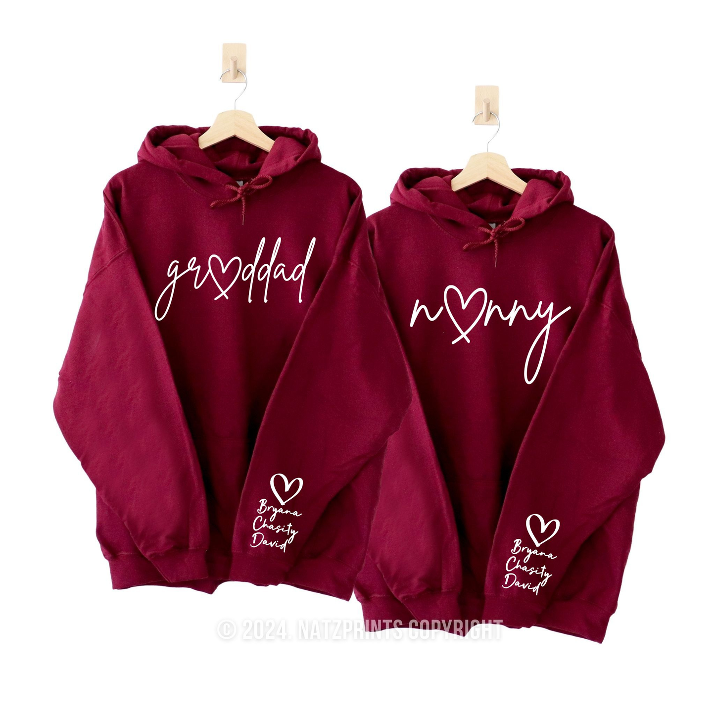 Personalized grandma and grandpa hoodie with kids names in maroon