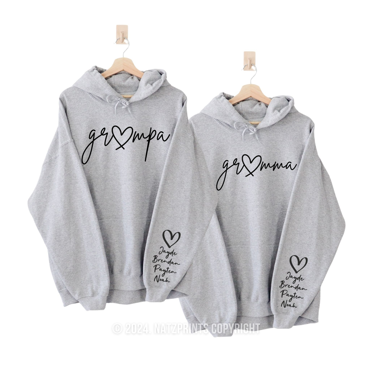 Personalized grandma and grandpa hoodie with kids names in sport grey