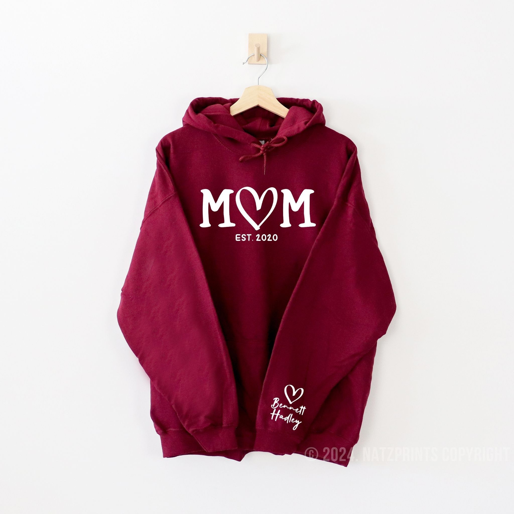 Personalized mom with est year hoodie with kids names in maroon color