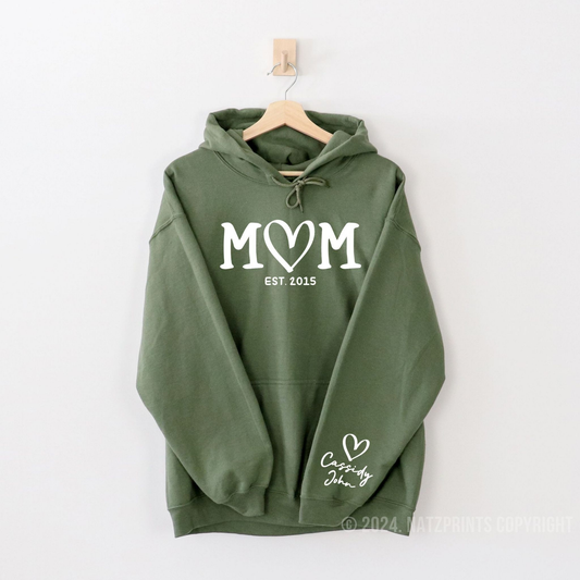 Personalized mom with est year hoodie with kids names in military green color